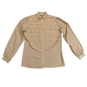 Vintage Marc D'Alcy Paris Tan Pleated Blouse Silky Secretary Shirt 80s/90s M